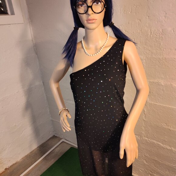Shein Black One Shoulder Sheer Sequin Diamonds Over-lay Dress Bodysuit Size L - Picture 7 of 11
